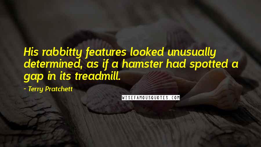 Terry Pratchett Quotes: His rabbitty features looked unusually determined, as if a hamster had spotted a gap in its treadmill.