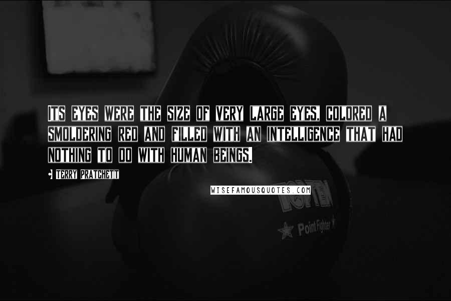 Terry Pratchett Quotes: Its eyes were the size of very large eyes, colored a smoldering red and filled with an intelligence that had nothing to do with human beings.
