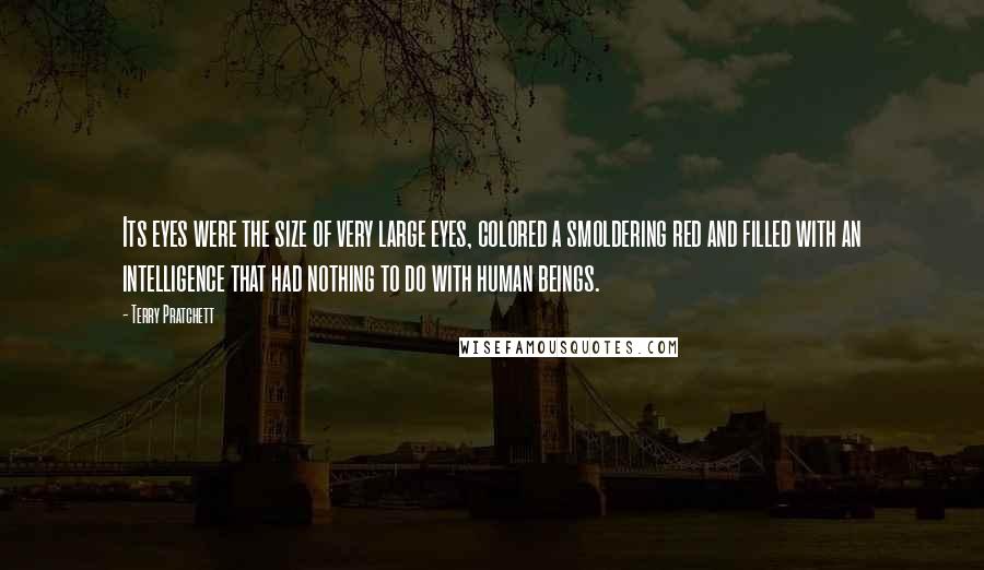 Terry Pratchett Quotes: Its eyes were the size of very large eyes, colored a smoldering red and filled with an intelligence that had nothing to do with human beings.