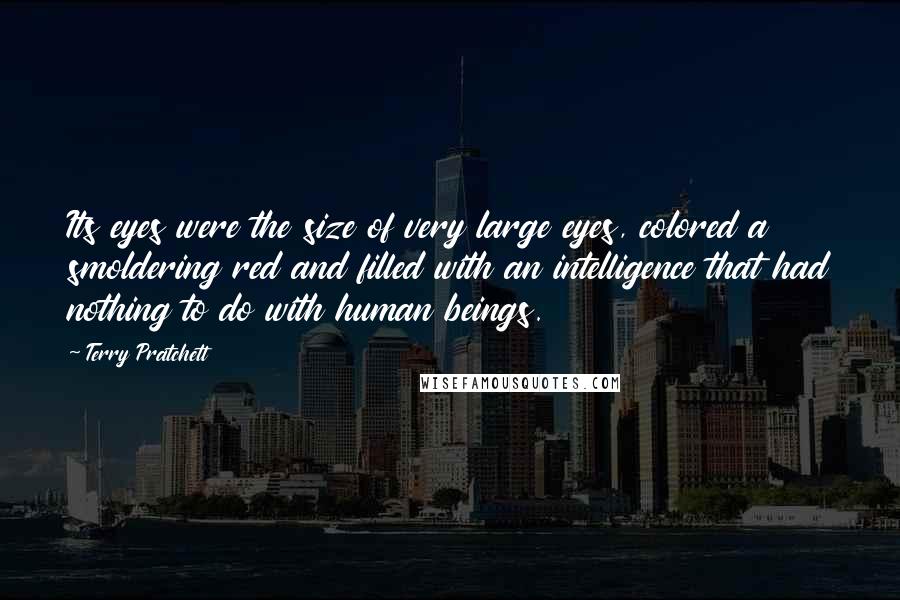 Terry Pratchett Quotes: Its eyes were the size of very large eyes, colored a smoldering red and filled with an intelligence that had nothing to do with human beings.