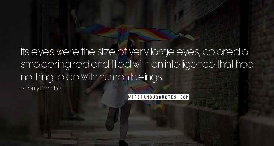 Terry Pratchett Quotes: Its eyes were the size of very large eyes, colored a smoldering red and filled with an intelligence that had nothing to do with human beings.