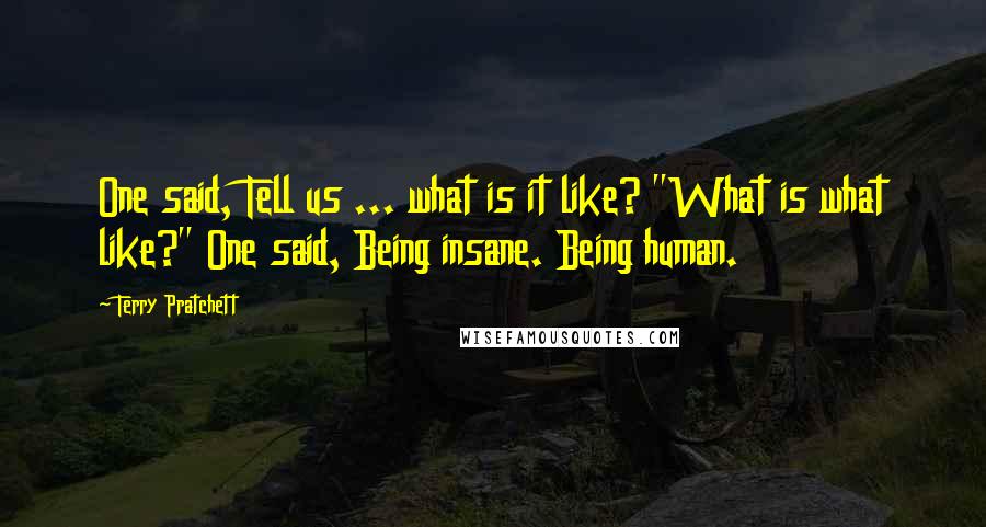 Terry Pratchett Quotes: One said, Tell us ... what is it like? "What is what like?" One said, Being insane. Being human.