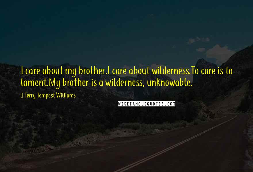 Terry Tempest Williams Quotes: I care about my brother.I care about wilderness.To care is to lament.My brother is a wilderness, unknowable.