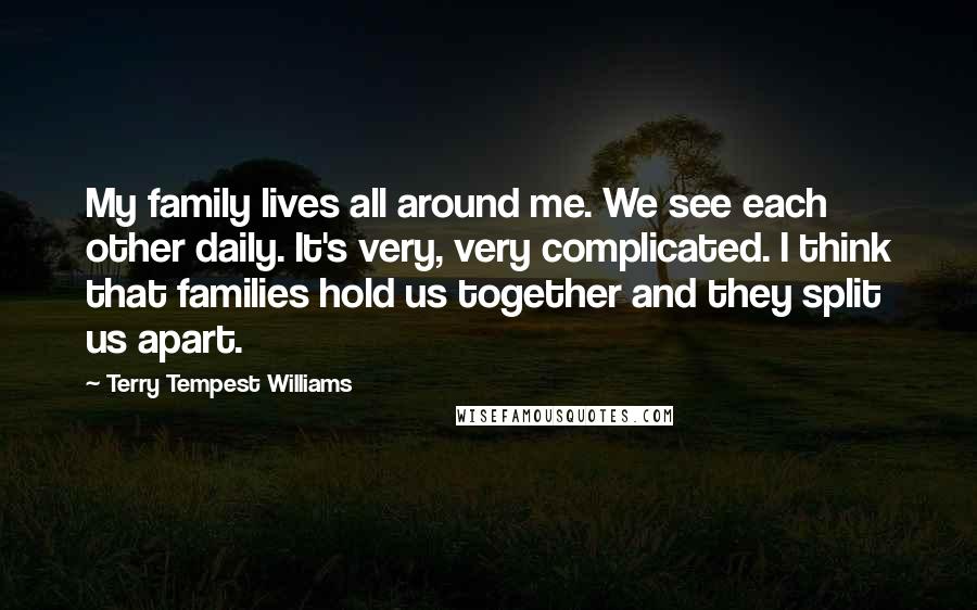 Terry Tempest Williams Quotes: My family lives all around me. We see each other daily. It's very, very complicated. I think that families hold us together and they split us apart.