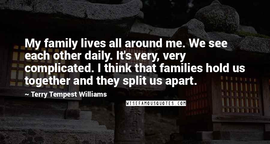 Terry Tempest Williams Quotes: My family lives all around me. We see each other daily. It's very, very complicated. I think that families hold us together and they split us apart.
