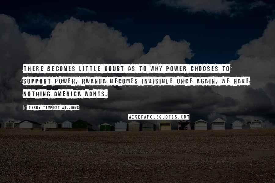 Terry Tempest Williams Quotes: There becomes little doubt as to why power chooses to support power. Rwanda becomes invisible once again. We have nothing America wants.