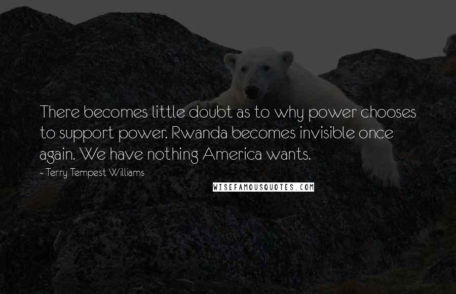 Terry Tempest Williams Quotes: There becomes little doubt as to why power chooses to support power. Rwanda becomes invisible once again. We have nothing America wants.