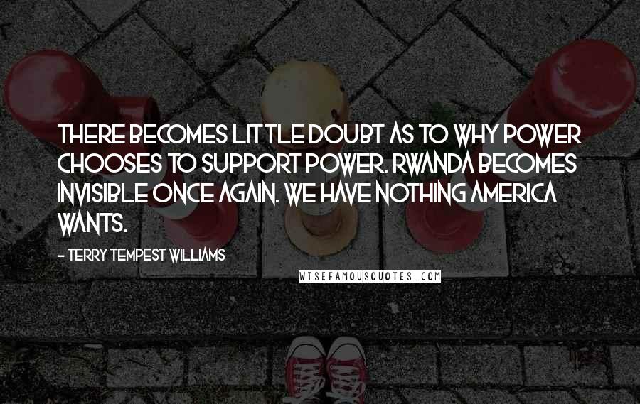 Terry Tempest Williams Quotes: There becomes little doubt as to why power chooses to support power. Rwanda becomes invisible once again. We have nothing America wants.