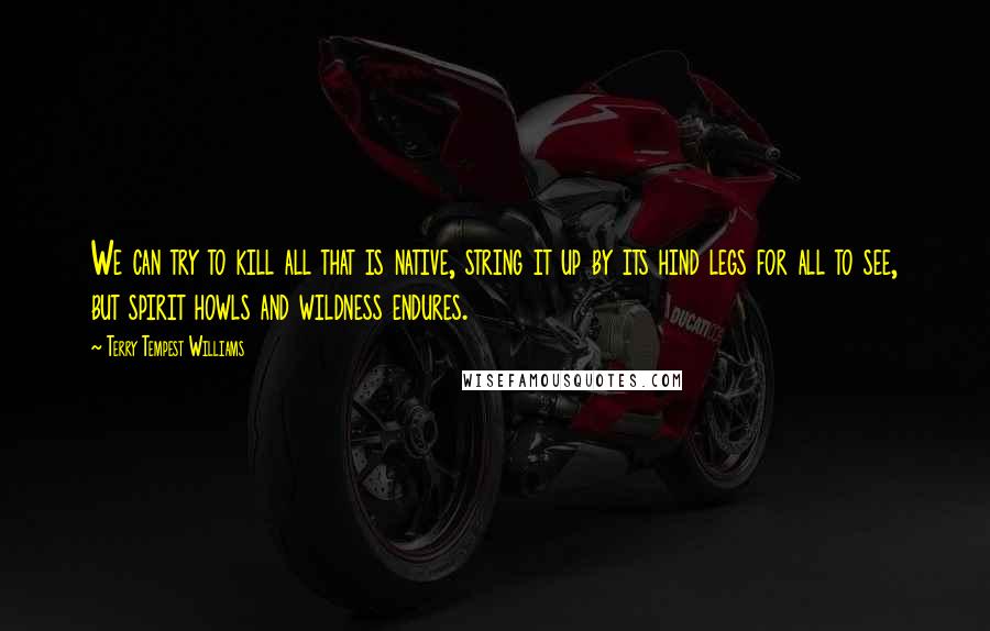 Terry Tempest Williams Quotes: We can try to kill all that is native, string it up by its hind legs for all to see, but spirit howls and wildness endures.