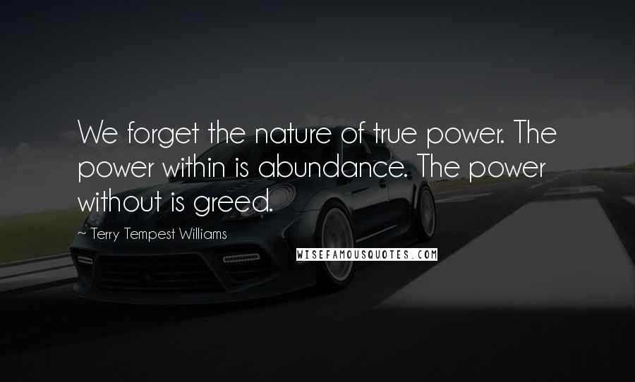 Terry Tempest Williams Quotes: We forget the nature of true power. The power within is abundance. The power without is greed.