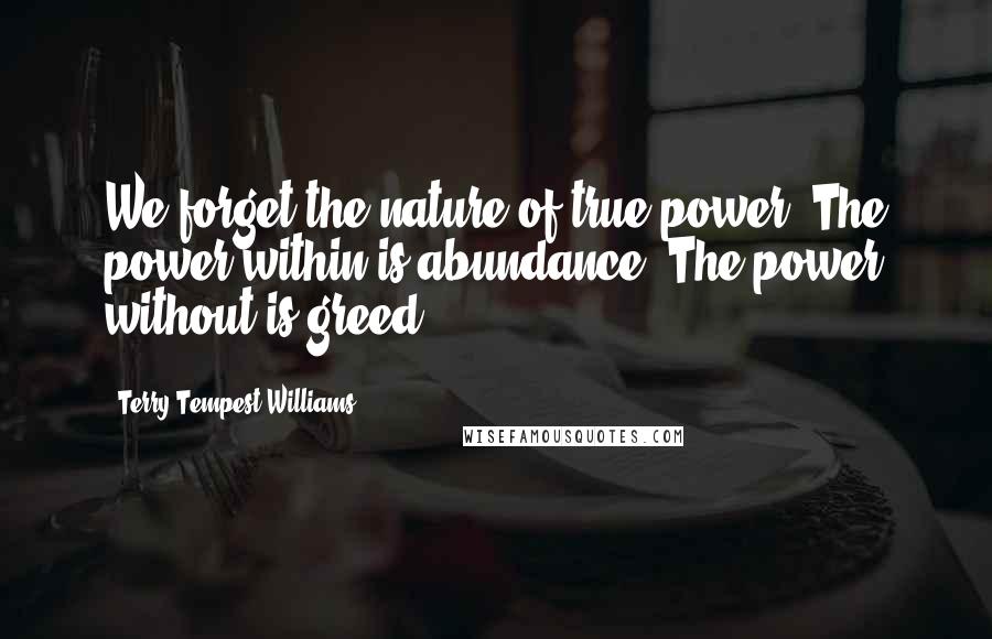 Terry Tempest Williams Quotes: We forget the nature of true power. The power within is abundance. The power without is greed.