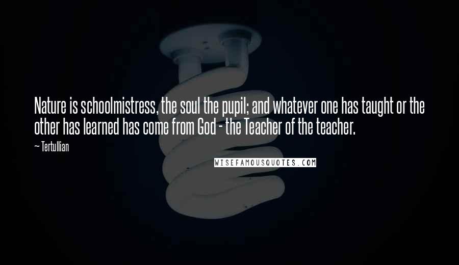Tertullian Quotes: Nature is schoolmistress, the soul the pupil; and whatever one has taught or the other has learned has come from God - the Teacher of the teacher.