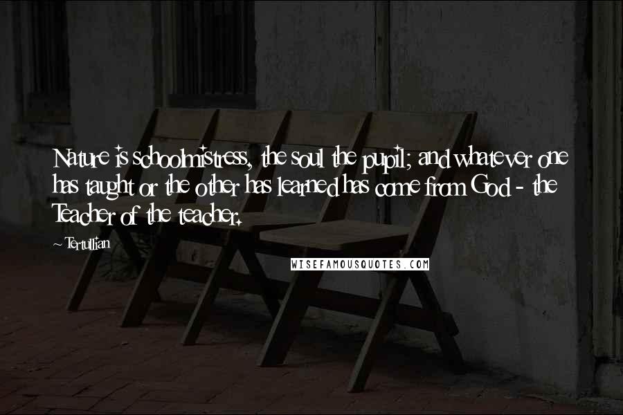 Tertullian Quotes: Nature is schoolmistress, the soul the pupil; and whatever one has taught or the other has learned has come from God - the Teacher of the teacher.