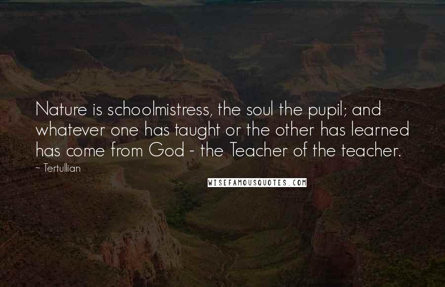 Tertullian Quotes: Nature is schoolmistress, the soul the pupil; and whatever one has taught or the other has learned has come from God - the Teacher of the teacher.