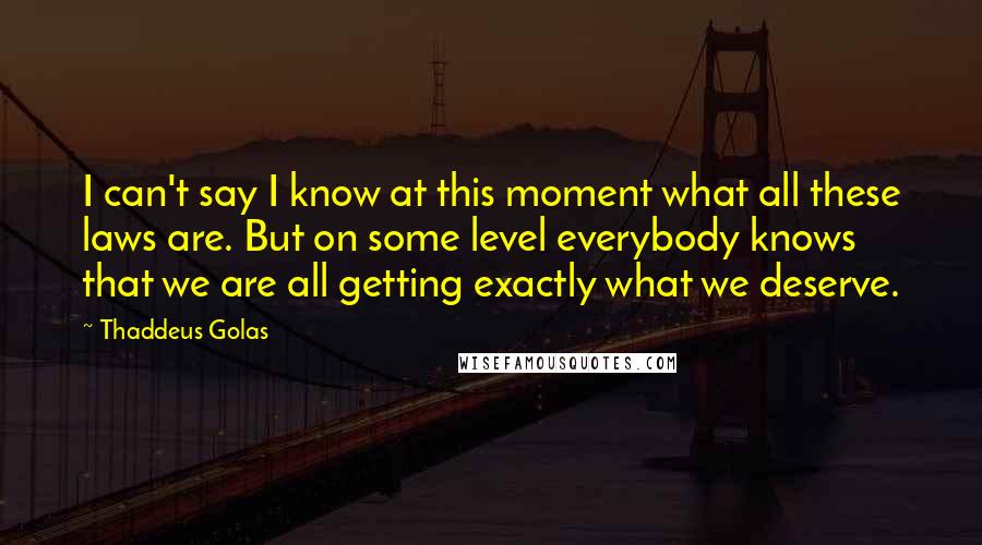 Thaddeus Golas Quotes: I can't say I know at this moment what all these laws are. But on some level everybody knows that we are all getting exactly what we deserve.