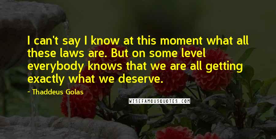 Thaddeus Golas Quotes: I can't say I know at this moment what all these laws are. But on some level everybody knows that we are all getting exactly what we deserve.