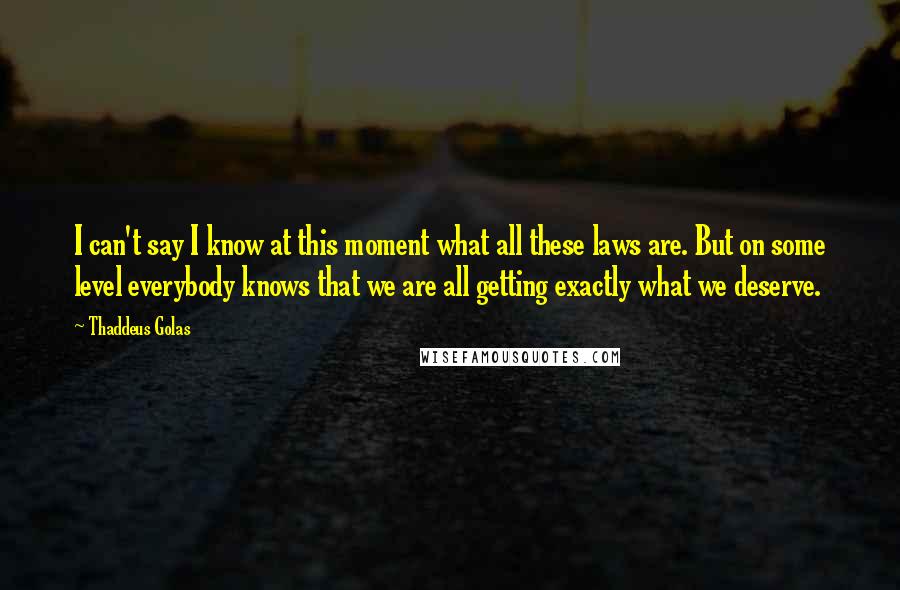 Thaddeus Golas Quotes: I can't say I know at this moment what all these laws are. But on some level everybody knows that we are all getting exactly what we deserve.