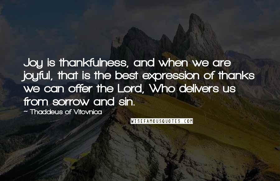 Thaddeus Of Vitovnica Quotes: Joy is thankfulness, and when we are joyful, that is the best expression of thanks we can offer the Lord, Who delivers us from sorrow and sin.