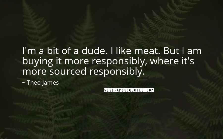 Theo James Quotes: I'm a bit of a dude. I like meat. But I am buying it more responsibly, where it's more sourced responsibly.