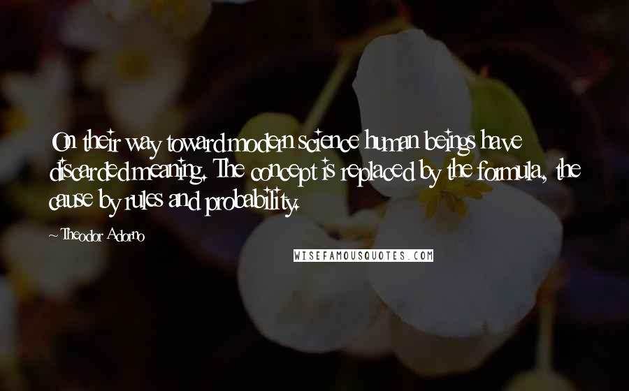 Theodor Adorno Quotes: On their way toward modern science human beings have discarded meaning. The concept is replaced by the formula, the cause by rules and probability.