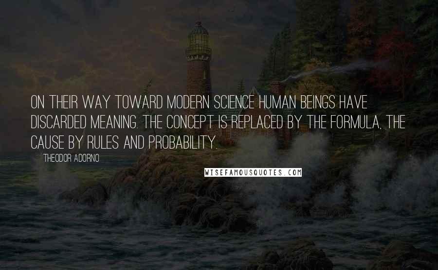 Theodor Adorno Quotes: On their way toward modern science human beings have discarded meaning. The concept is replaced by the formula, the cause by rules and probability.