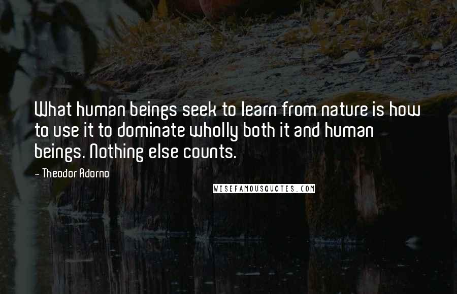 Theodor Adorno Quotes: What human beings seek to learn from nature is how to use it to dominate wholly both it and human beings. Nothing else counts.