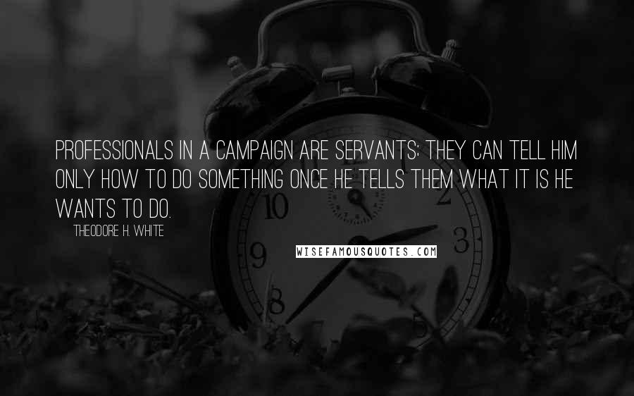 Theodore H. White Quotes: Professionals in a campaign are servants; they can tell him only how to do something once he tells them what it is he wants to do.