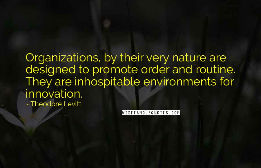 Theodore Levitt Quotes: Organizations, by their very nature are designed to promote order and routine. They are inhospitable environments for innovation.