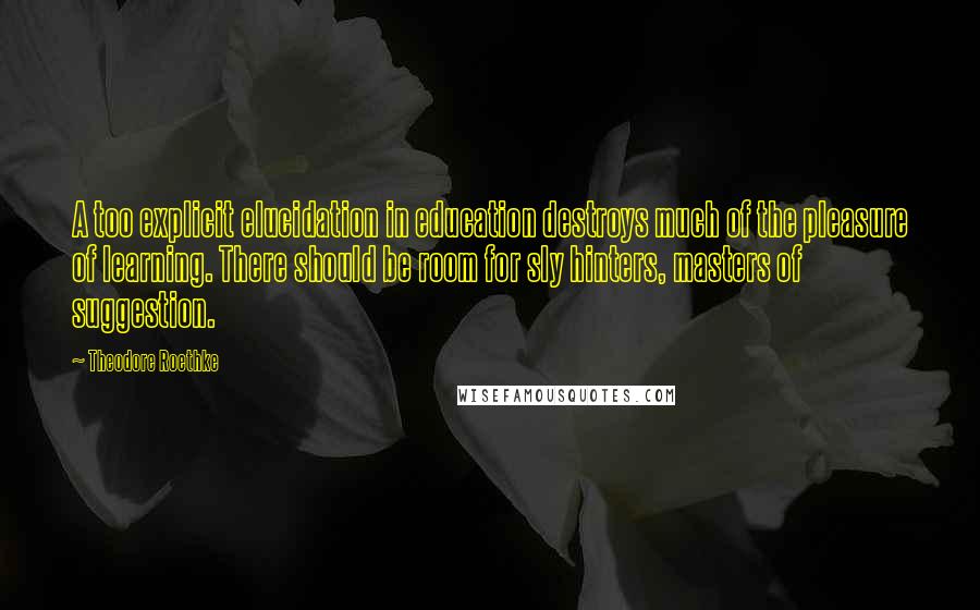 Theodore Roethke Quotes: A too explicit elucidation in education destroys much of the pleasure of learning. There should be room for sly hinters, masters of suggestion.