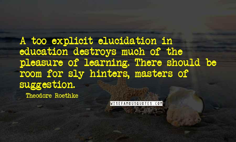 Theodore Roethke Quotes: A too explicit elucidation in education destroys much of the pleasure of learning. There should be room for sly hinters, masters of suggestion.