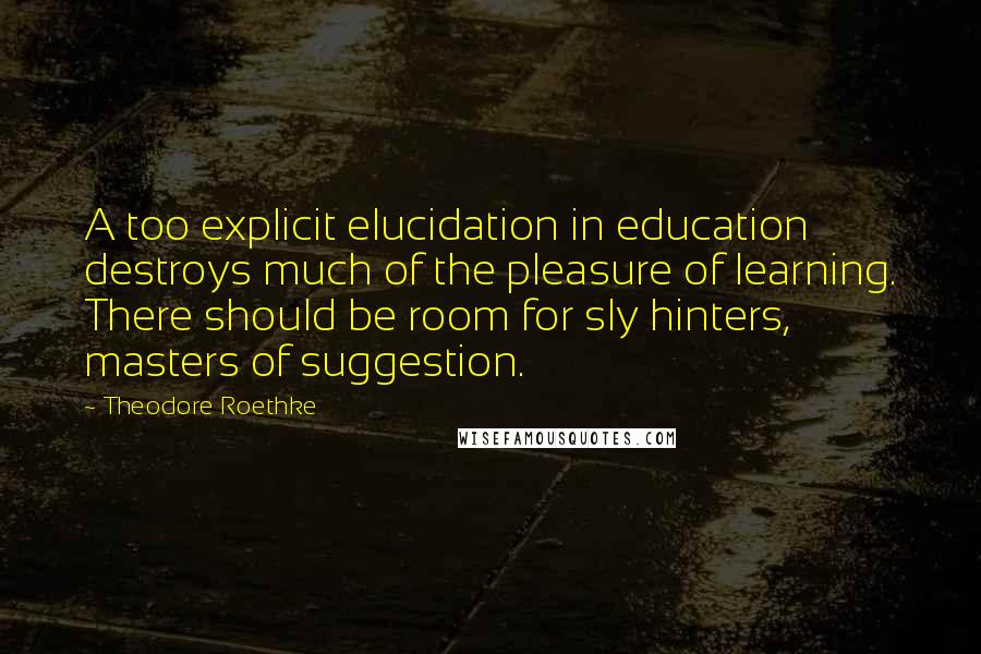 Theodore Roethke Quotes: A too explicit elucidation in education destroys much of the pleasure of learning. There should be room for sly hinters, masters of suggestion.