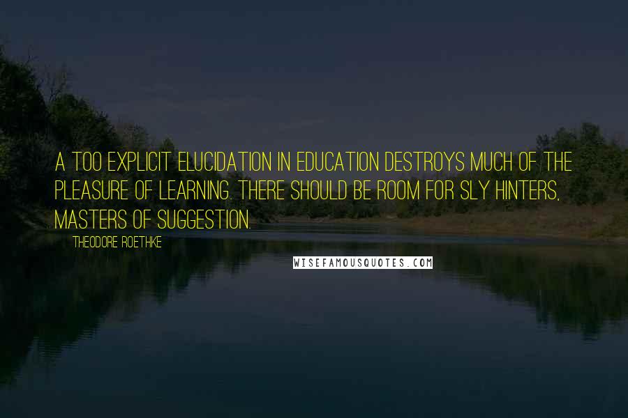 Theodore Roethke Quotes: A too explicit elucidation in education destroys much of the pleasure of learning. There should be room for sly hinters, masters of suggestion.