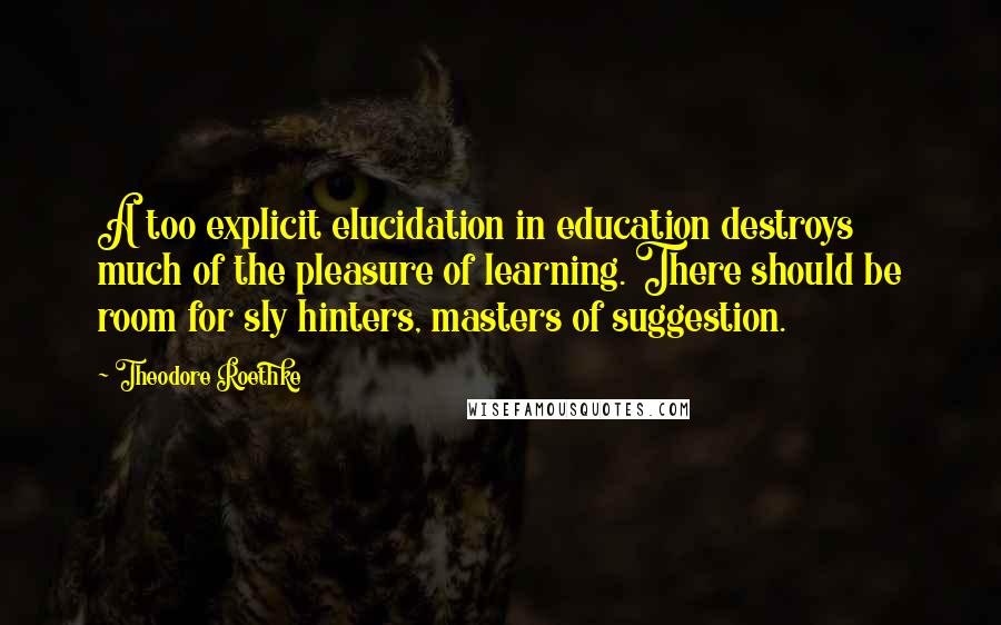 Theodore Roethke Quotes: A too explicit elucidation in education destroys much of the pleasure of learning. There should be room for sly hinters, masters of suggestion.