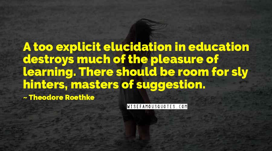 Theodore Roethke Quotes: A too explicit elucidation in education destroys much of the pleasure of learning. There should be room for sly hinters, masters of suggestion.