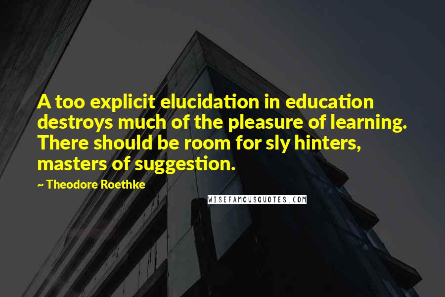 Theodore Roethke Quotes: A too explicit elucidation in education destroys much of the pleasure of learning. There should be room for sly hinters, masters of suggestion.