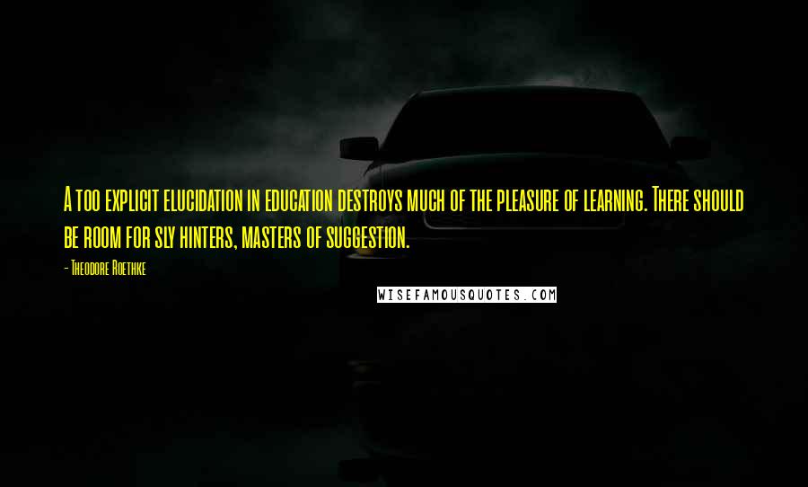 Theodore Roethke Quotes: A too explicit elucidation in education destroys much of the pleasure of learning. There should be room for sly hinters, masters of suggestion.