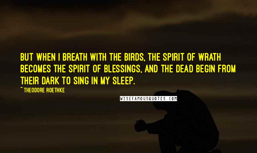 Theodore Roethke Quotes: But when I breath with the birds, The spirit of wrath becomes the spirit of blessings, And the dead begin from their dark to sing in my sleep.