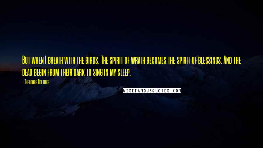 Theodore Roethke Quotes: But when I breath with the birds, The spirit of wrath becomes the spirit of blessings, And the dead begin from their dark to sing in my sleep.