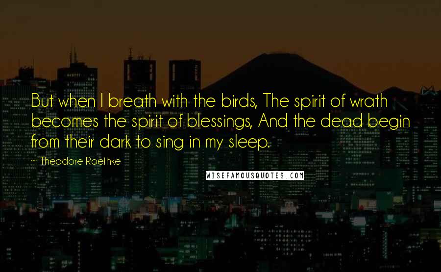 Theodore Roethke Quotes: But when I breath with the birds, The spirit of wrath becomes the spirit of blessings, And the dead begin from their dark to sing in my sleep.