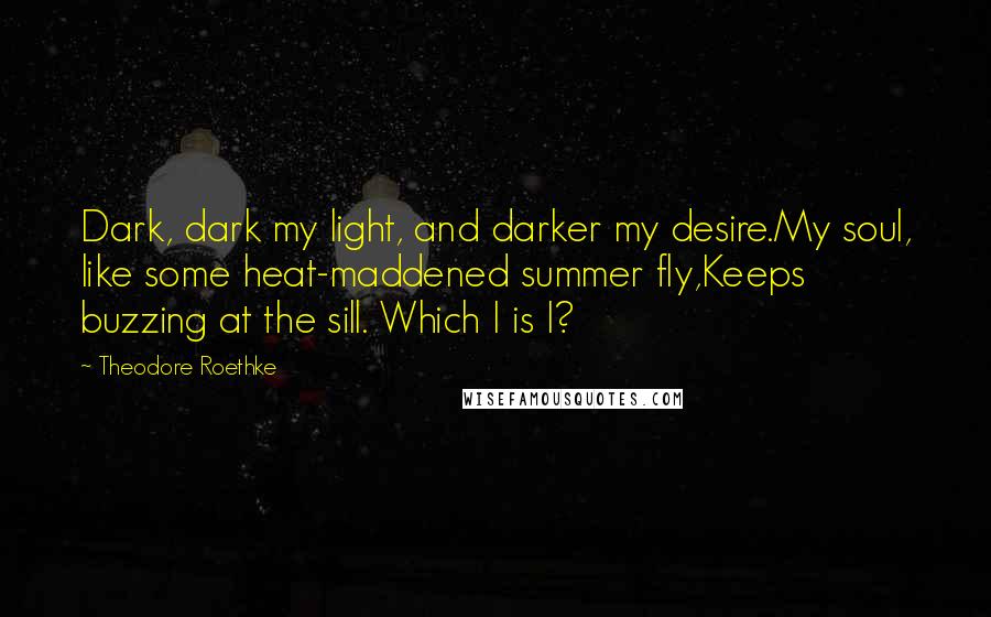 Theodore Roethke Quotes: Dark, dark my light, and darker my desire.My soul, like some heat-maddened summer fly,Keeps buzzing at the sill. Which I is I?