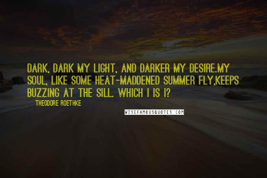 Theodore Roethke Quotes: Dark, dark my light, and darker my desire.My soul, like some heat-maddened summer fly,Keeps buzzing at the sill. Which I is I?