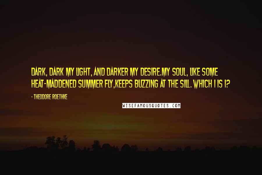 Theodore Roethke Quotes: Dark, dark my light, and darker my desire.My soul, like some heat-maddened summer fly,Keeps buzzing at the sill. Which I is I?