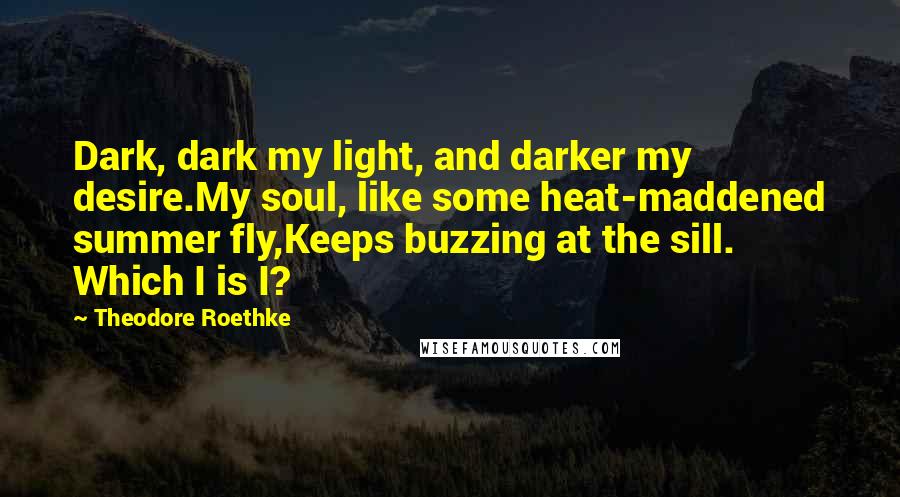 Theodore Roethke Quotes: Dark, dark my light, and darker my desire.My soul, like some heat-maddened summer fly,Keeps buzzing at the sill. Which I is I?