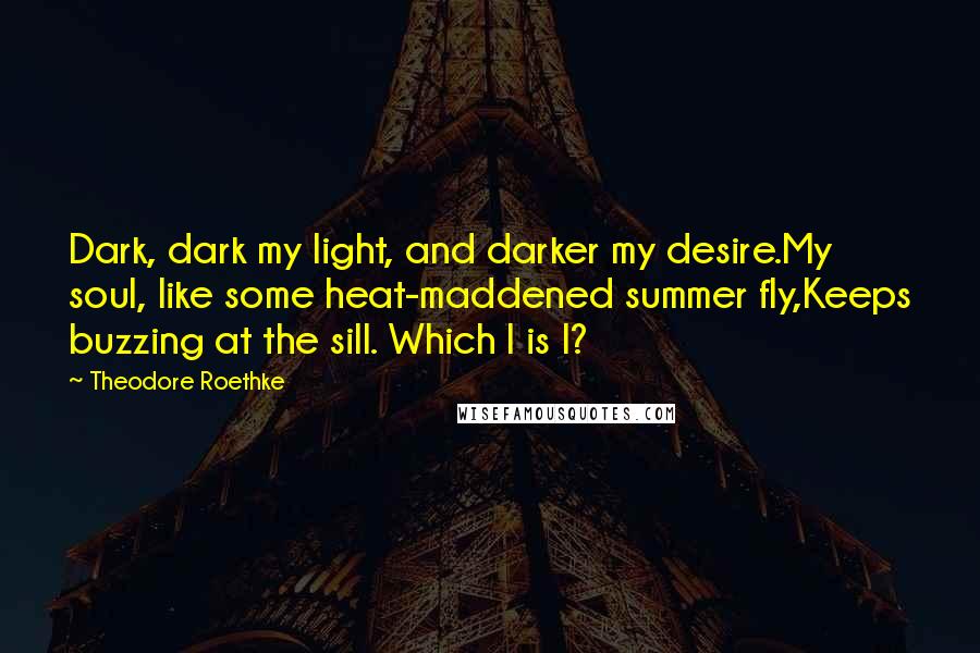 Theodore Roethke Quotes: Dark, dark my light, and darker my desire.My soul, like some heat-maddened summer fly,Keeps buzzing at the sill. Which I is I?