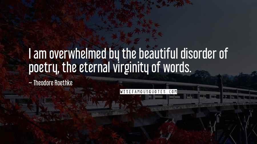 Theodore Roethke Quotes: I am overwhelmed by the beautiful disorder of poetry, the eternal virginity of words.