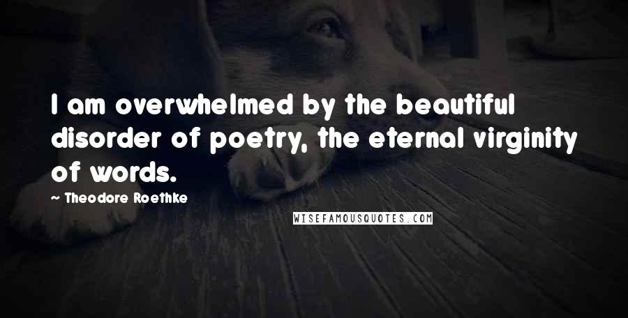 Theodore Roethke Quotes: I am overwhelmed by the beautiful disorder of poetry, the eternal virginity of words.