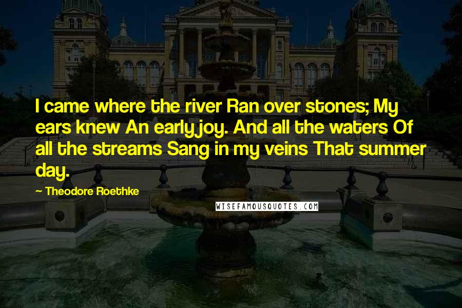 Theodore Roethke Quotes: I came where the river Ran over stones; My ears knew An early joy. And all the waters Of all the streams Sang in my veins That summer day.