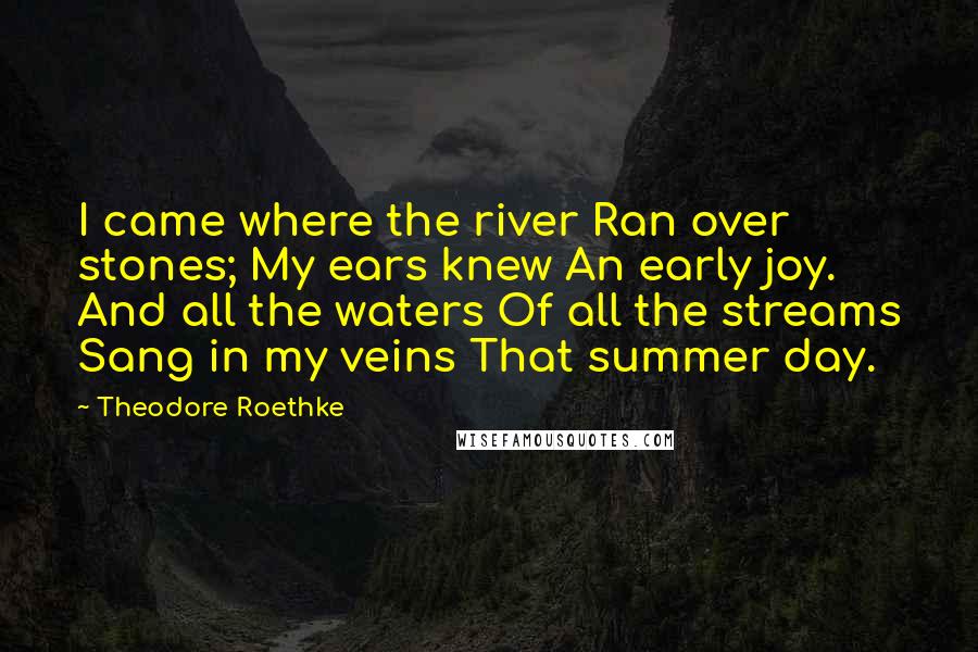 Theodore Roethke Quotes: I came where the river Ran over stones; My ears knew An early joy. And all the waters Of all the streams Sang in my veins That summer day.