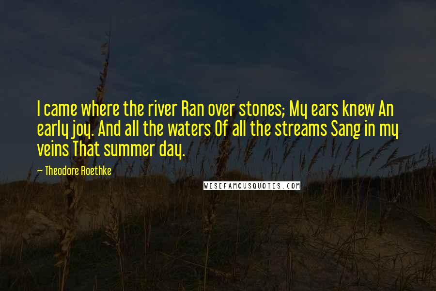 Theodore Roethke Quotes: I came where the river Ran over stones; My ears knew An early joy. And all the waters Of all the streams Sang in my veins That summer day.