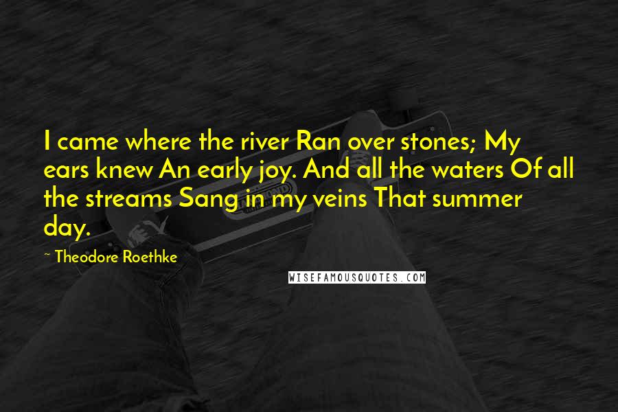 Theodore Roethke Quotes: I came where the river Ran over stones; My ears knew An early joy. And all the waters Of all the streams Sang in my veins That summer day.